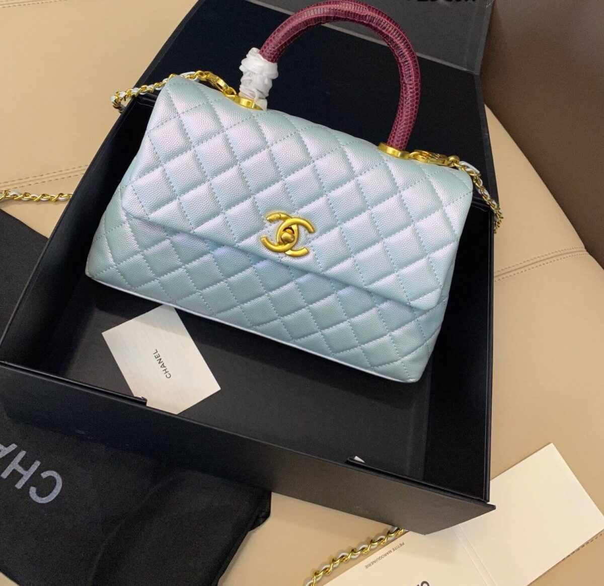 Chanel Metallic Caviar Quilted Mini Coco Handle Flap Light Blue