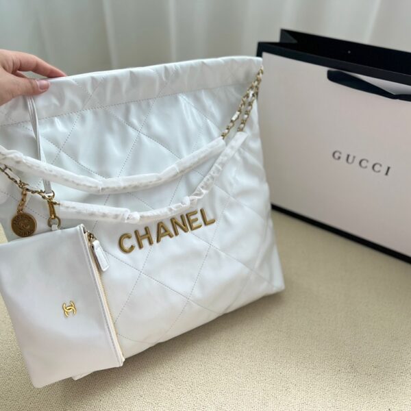 Chanel Shiny Calfskin Quilted Shopping Bag White Leather Drawstring