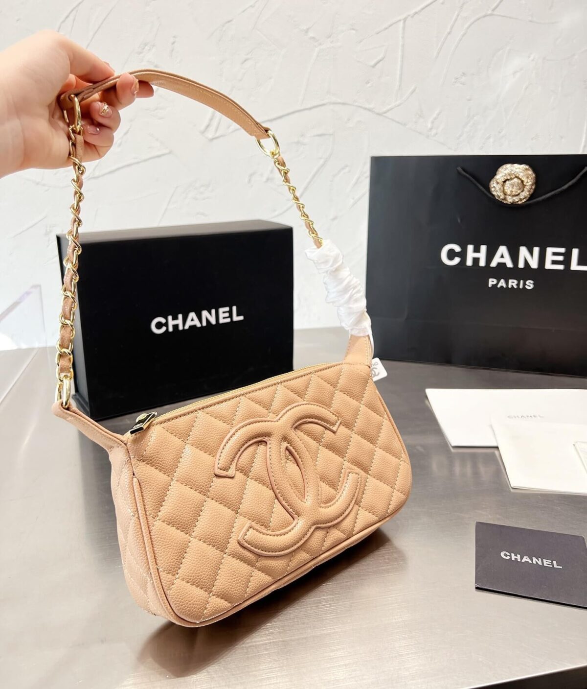 Chanel Timeless CC Crossbody Leather Shoulder Bag Beige