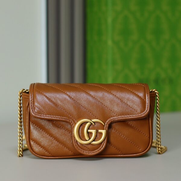 Gucci Brown Diagonal Matelassé Leather Super Mini GG Marmont Shoulder Bag