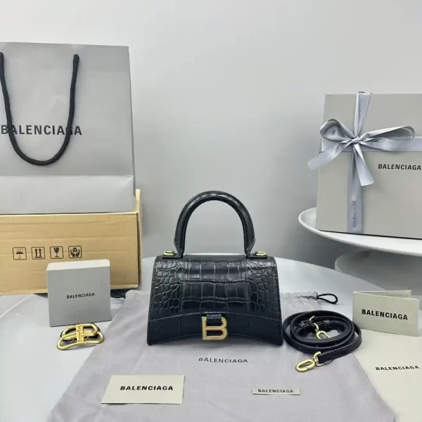 Balenciaga Black Croc Embossed Leather Hourglass Box Top Handle Bag