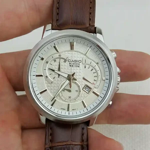 Casio Beside Chronograph Daydate Quartz Leather Band White Watch