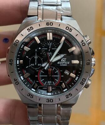 Casio Edifice Steel Silver Case Silver Bezel Chronograph Black Date Watch