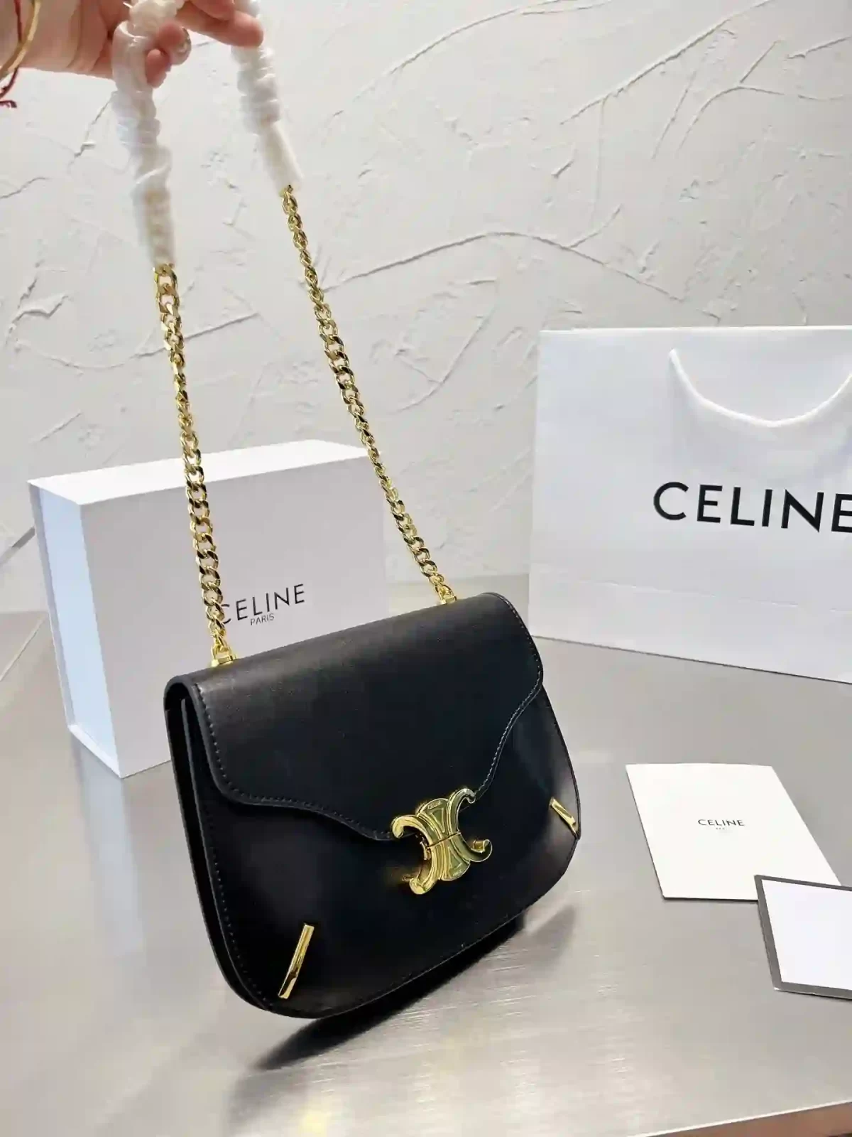 Celine Triomphe Brand Logo Chain Calf Leather Crossbody Shoulder Bag