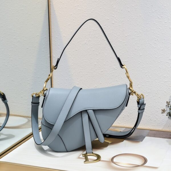 Christian Dior Saddle Bag With Strap Light Blue Grained Calfskin