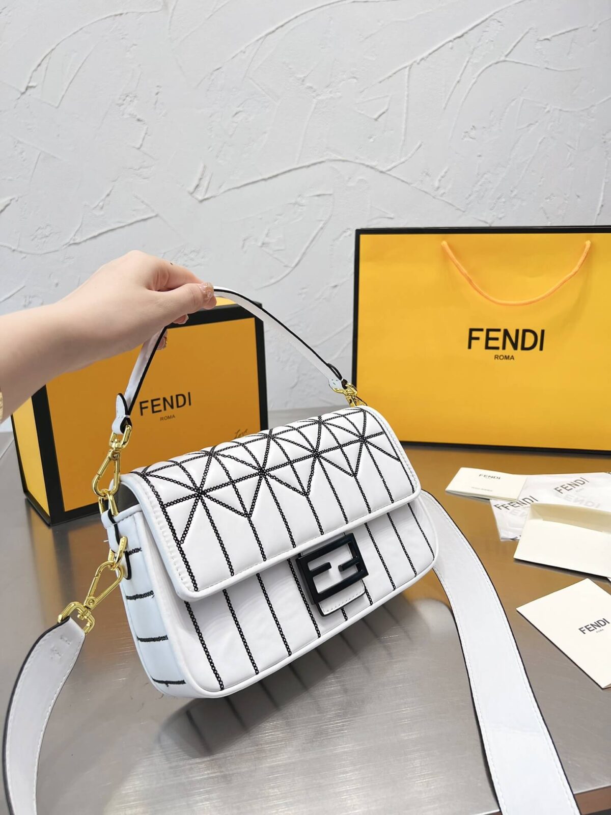 Fendi Baguette Bag In Motif Canvas white black Leather Bag