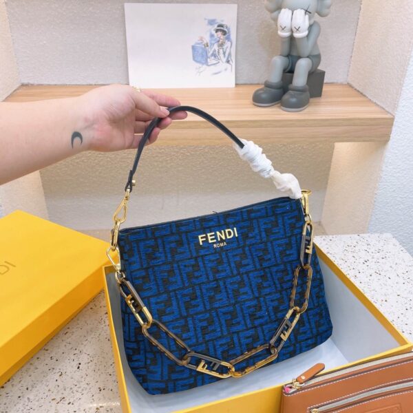 Fendi Women O’Lock Zipper Blue Tapestry Fabric Shoulder Bag