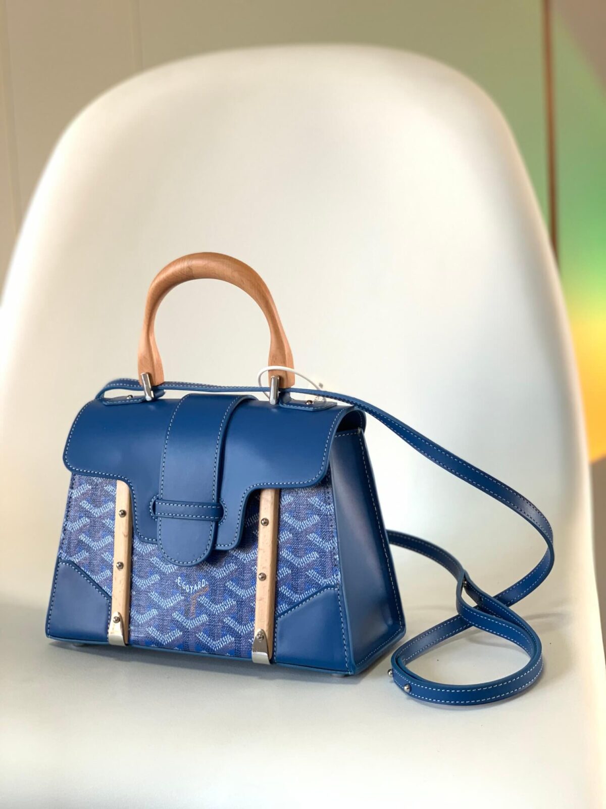 Goyard Structured Saigon Top Blue Handle Bag Coated With Leather