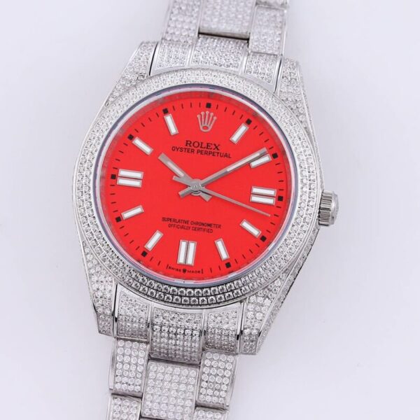 Rolex Iced Out Branded Oyster Perpetual Coral Red Watch Roman Numerals