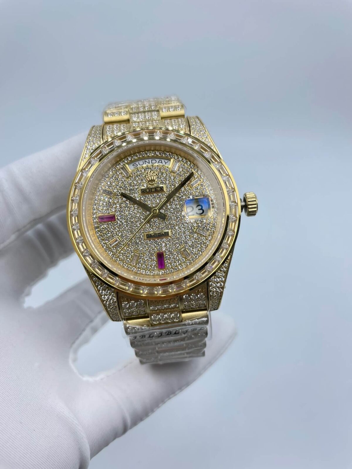 Rolex Iced Out Day Date Pave Rainbow Dial Yellow Gold Watch