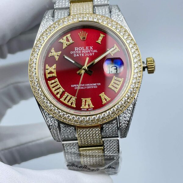 Rolex Men's Two Tone Diamond Watch in Red Dial