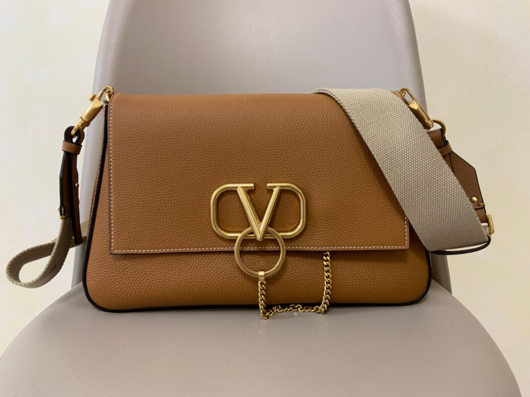 VALENTINO Pebbled Calfskin VRing Shoulder Bag Saddle Brown