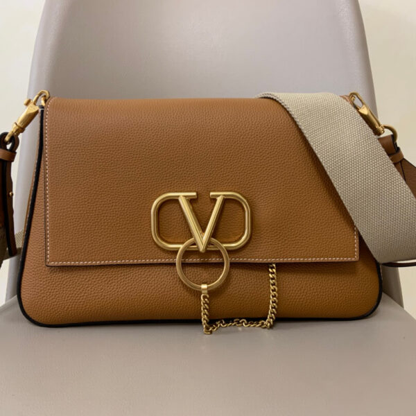 VALENTINO Pebbled Calfskin VRing Shoulder Bag Saddle Brown