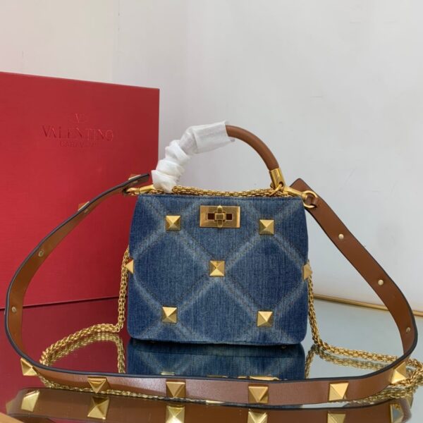 Valentino Roman Stud Top Handle Bag Quilted Denim Small