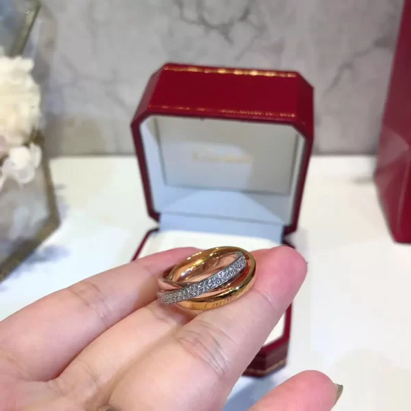 Cartier Trinity Multicolor Gold Band Ring White Yellow Rose Gold With Diamonds