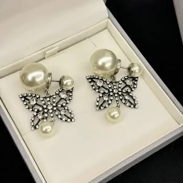 Dior Women Papillon De Nuit Antique Pearl Crystal Silver Butterfly Earrings