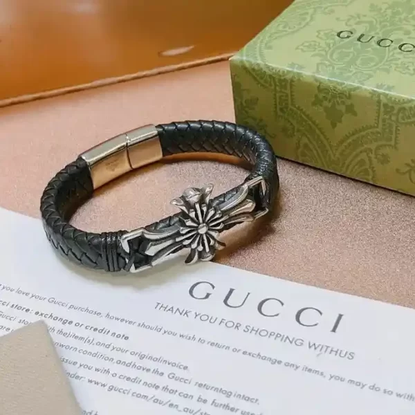 Gucci Men's Stainless Steel and Woven Leather Gothic Cross Bracelet