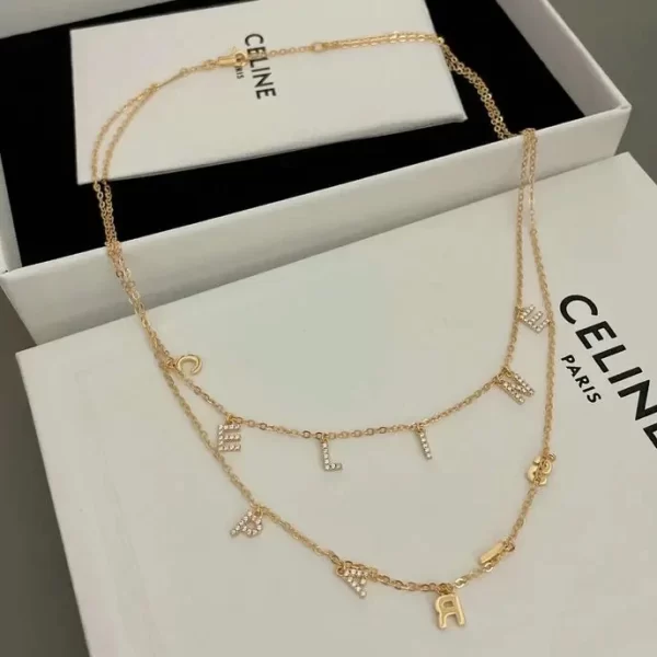 Celine Crystal Logo Double Chain Choker Name Necklace