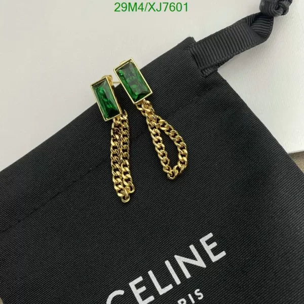 Celine Titanium Steel Chain Earrings - Emerald Green Gold-plated