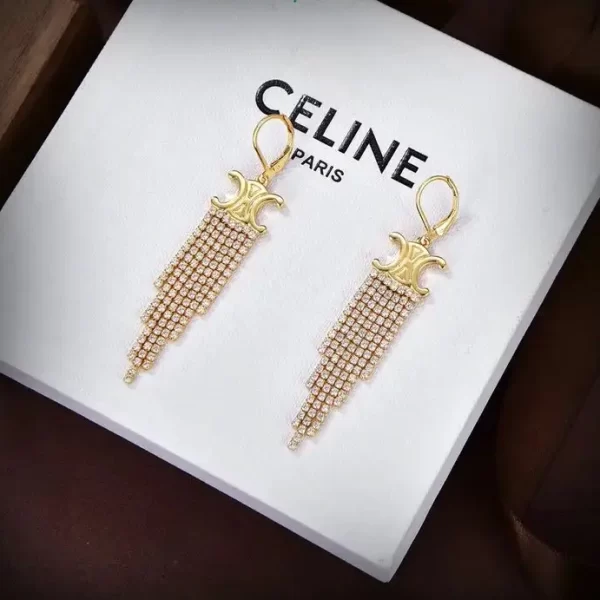 Celine Triomphe Fringe Earrings in Brass With Gold Finish And Strass