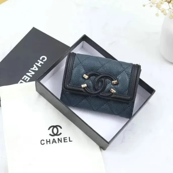 Chanel Black And Blue Card Holder Leather Wallet