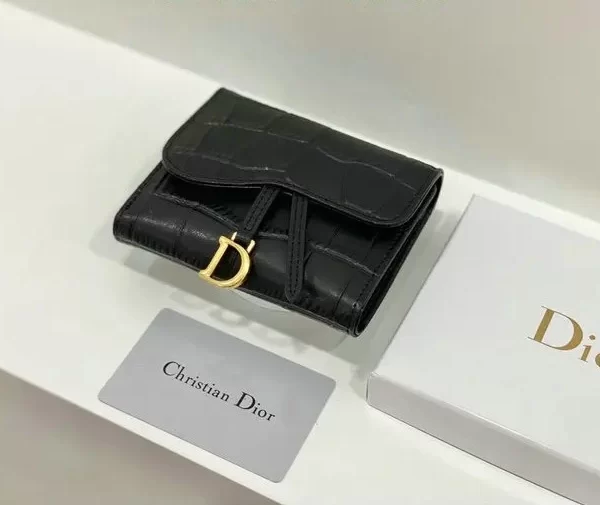 Christian Dior Saddle Lotus Crocodile Leather Wallet Black Grained Calfskin