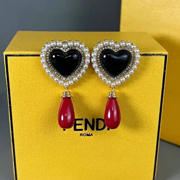 Fendi Heart Pearl Gold Red Glass Drop Earrings