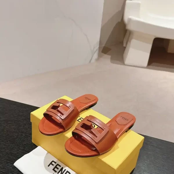 Fendi Women Signature Brown Leather Slides in 0.4 inches Heel Height