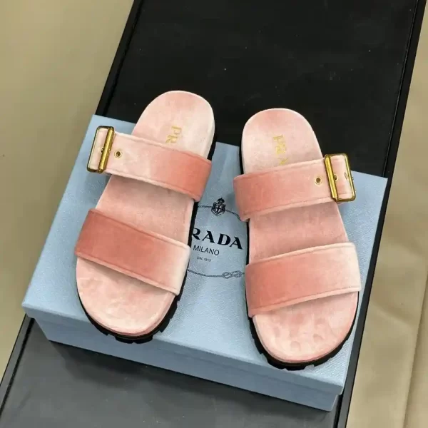 Prada Pink Triangle-Logo Velvet Slides Double-Band Sandal