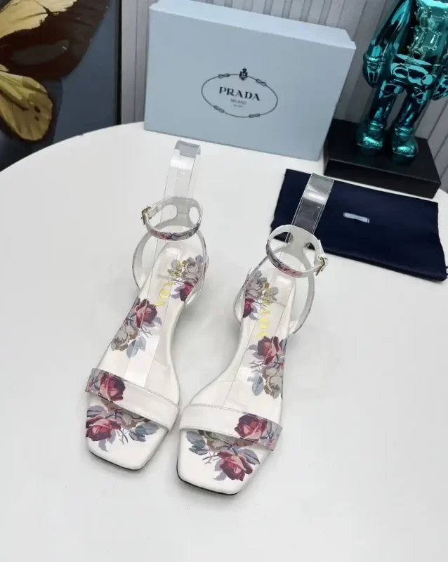 Prada Satin Floral Logo Leather White Sandals For Women